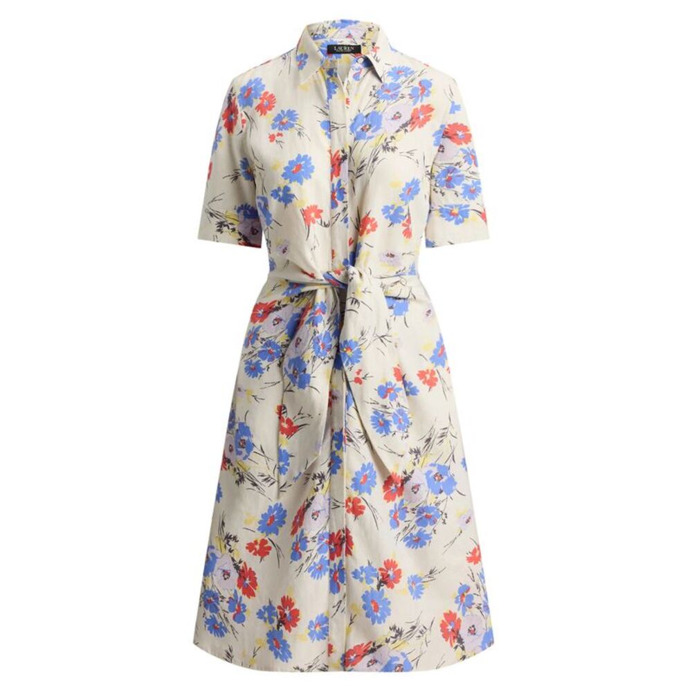 Lauren Ralph Lauren Womens Plus Floral Tie-Front Linen Shirtdress 18 Cream Multi